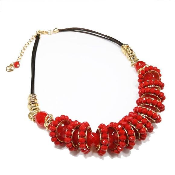 Red Crystal Necklace, Beaded Statement Choker Gold Accents, 22 Inches - Picture 4 of 11